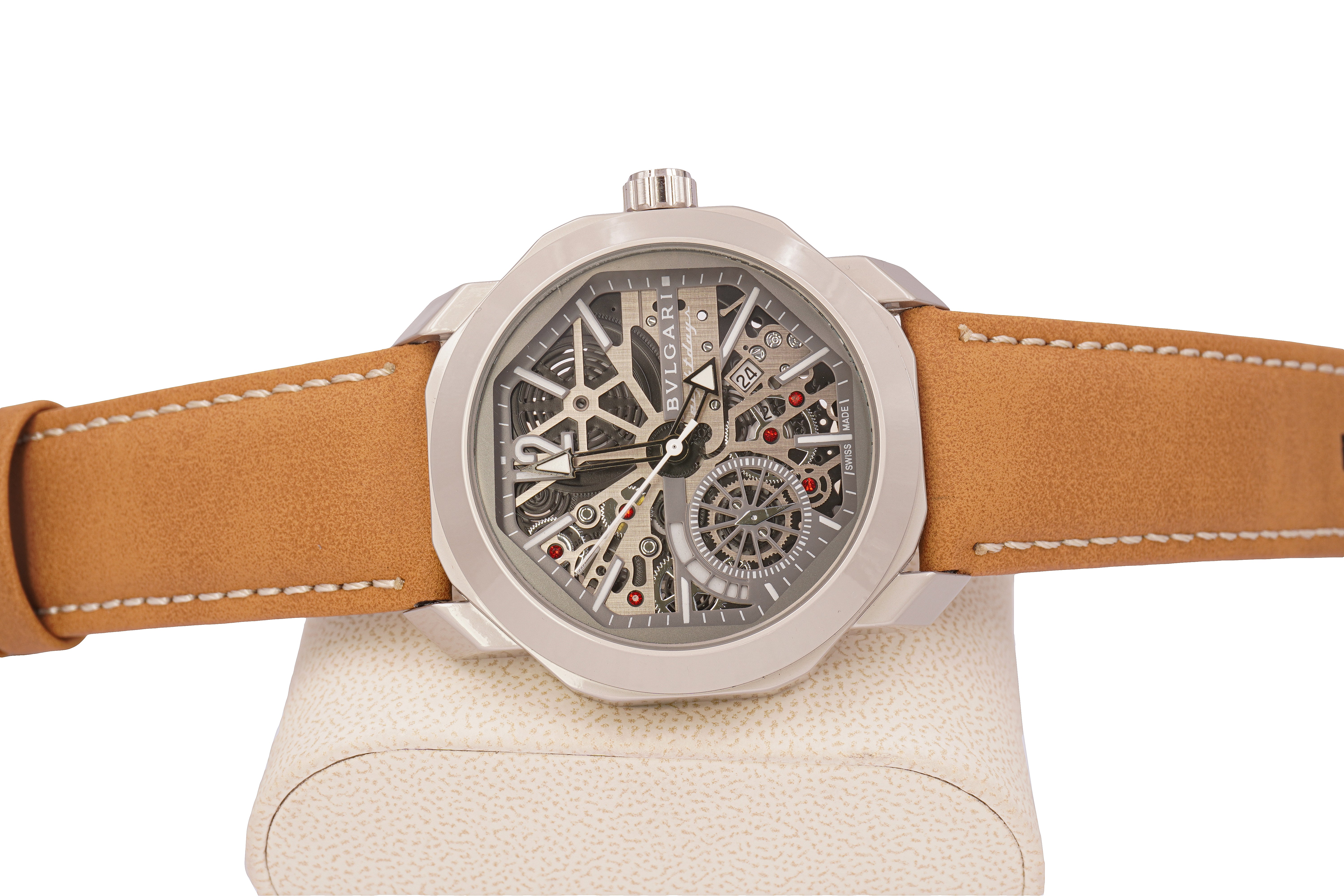 Bulgari Octo Roma Skeleton Mastercopy Watch – Brown Leather Edition