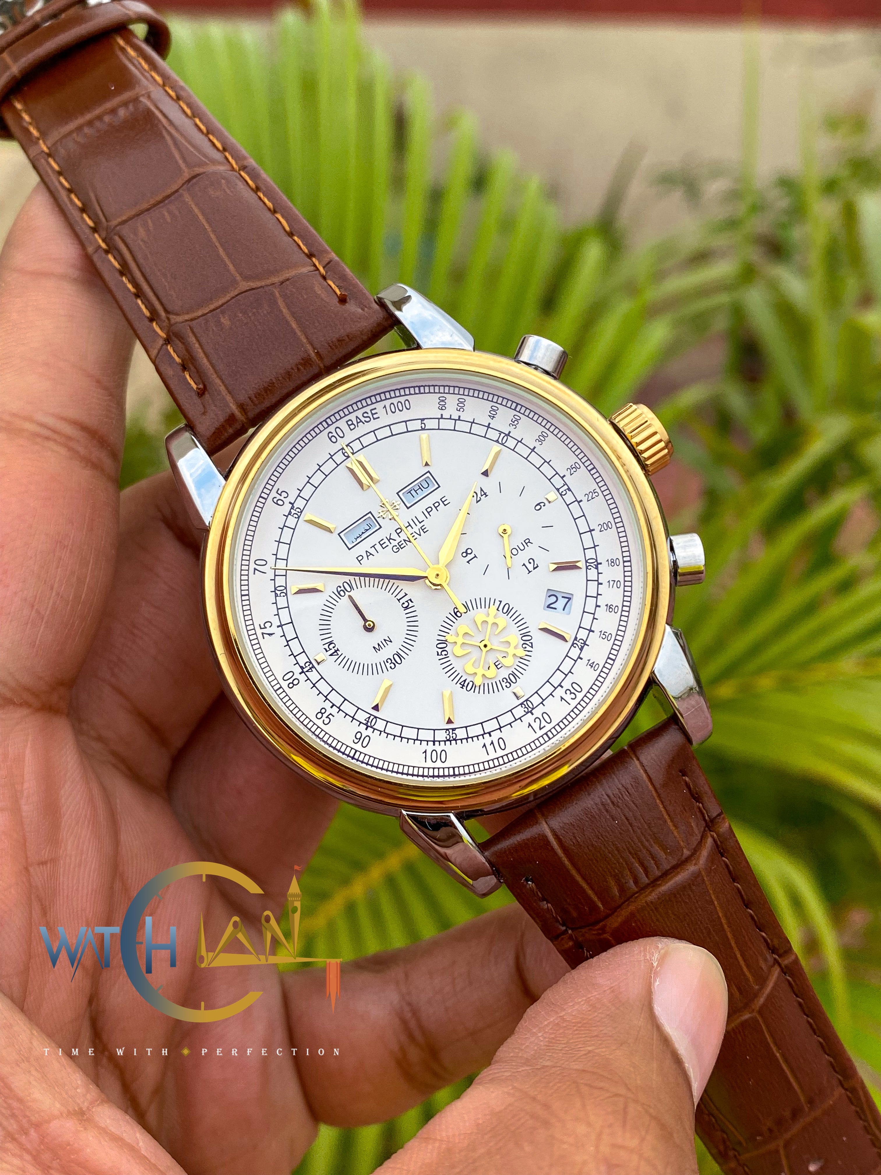 Patek Philippe Moonphase Leather Strap Watch – White Dial