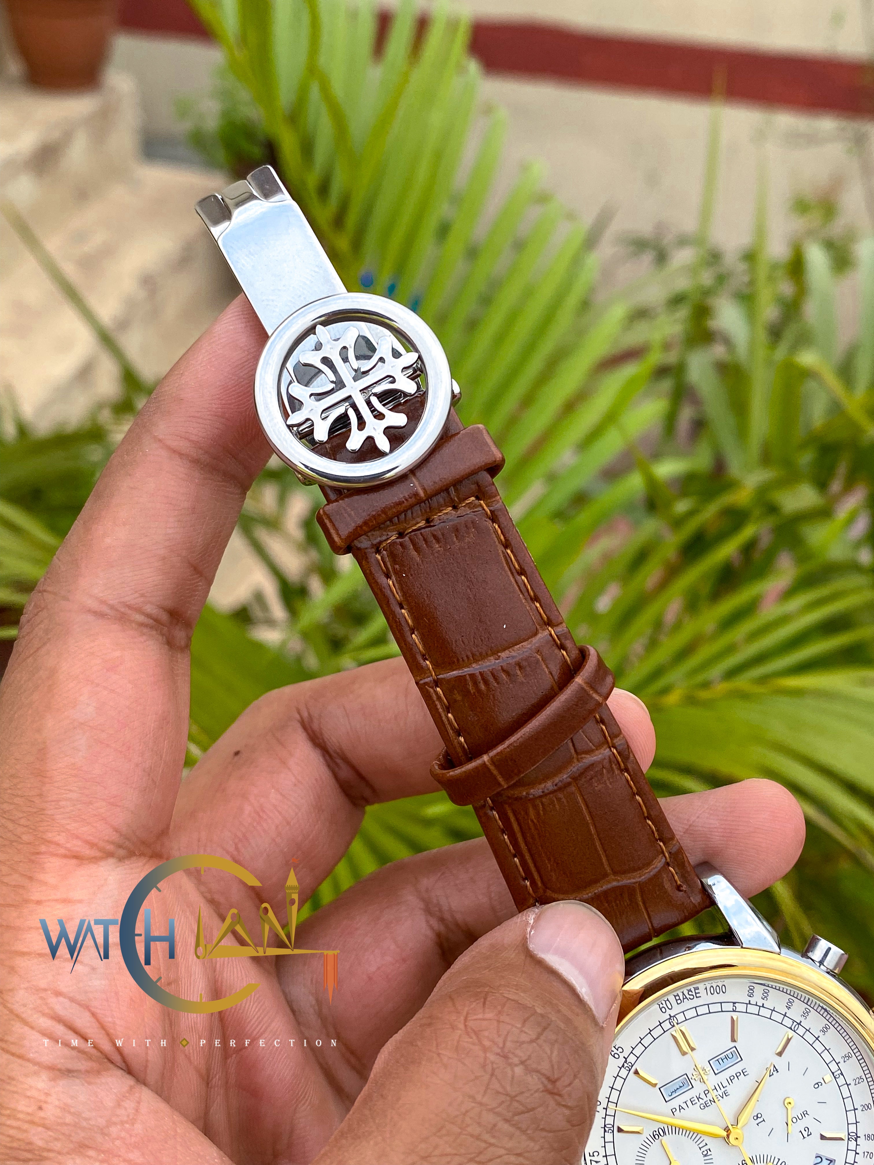 Patek Philippe Moonphase Leather Strap Watch – White Dial