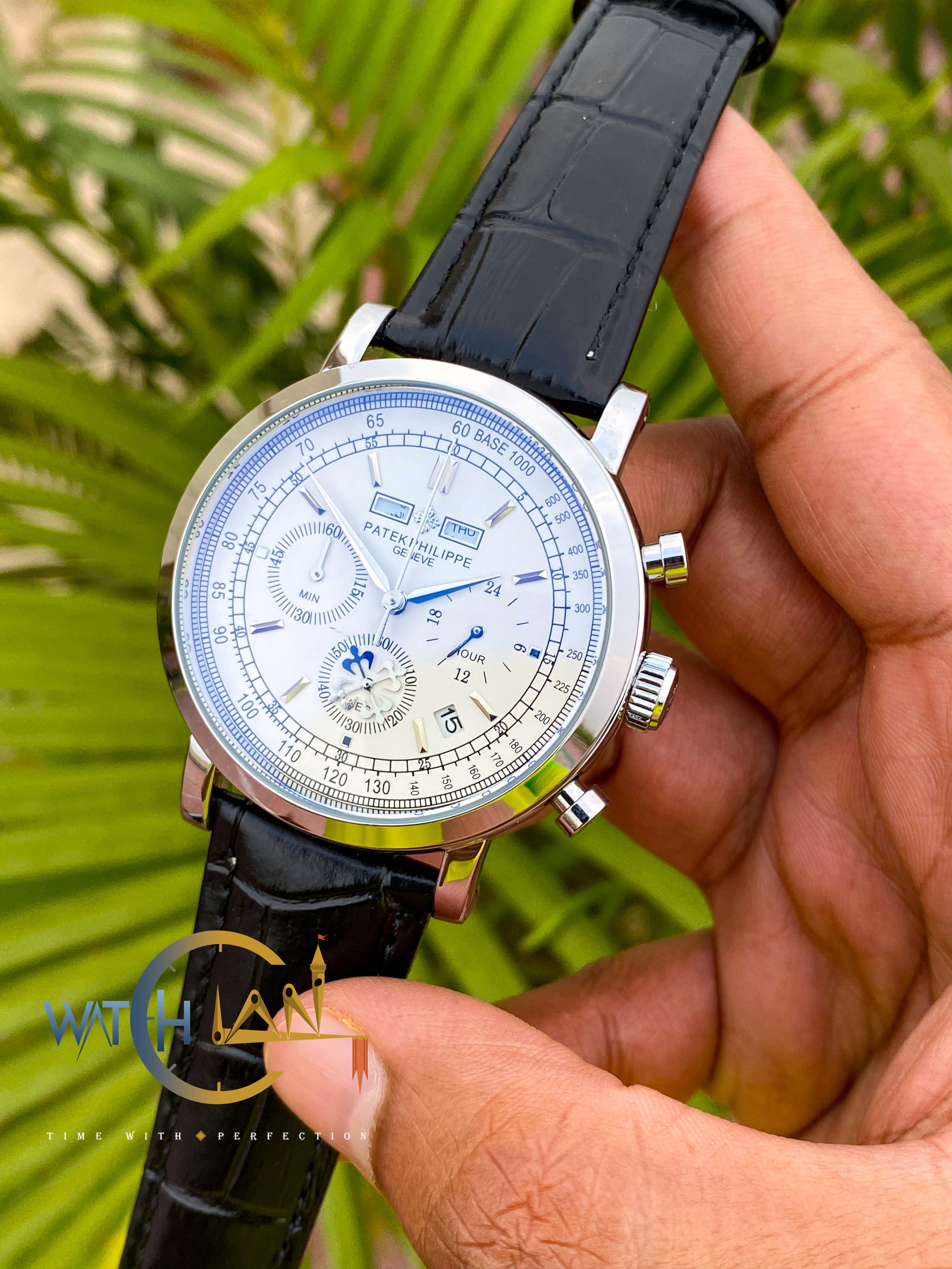 Patek Philippe Moonphase Black Leather Strap Watch – White Dial
