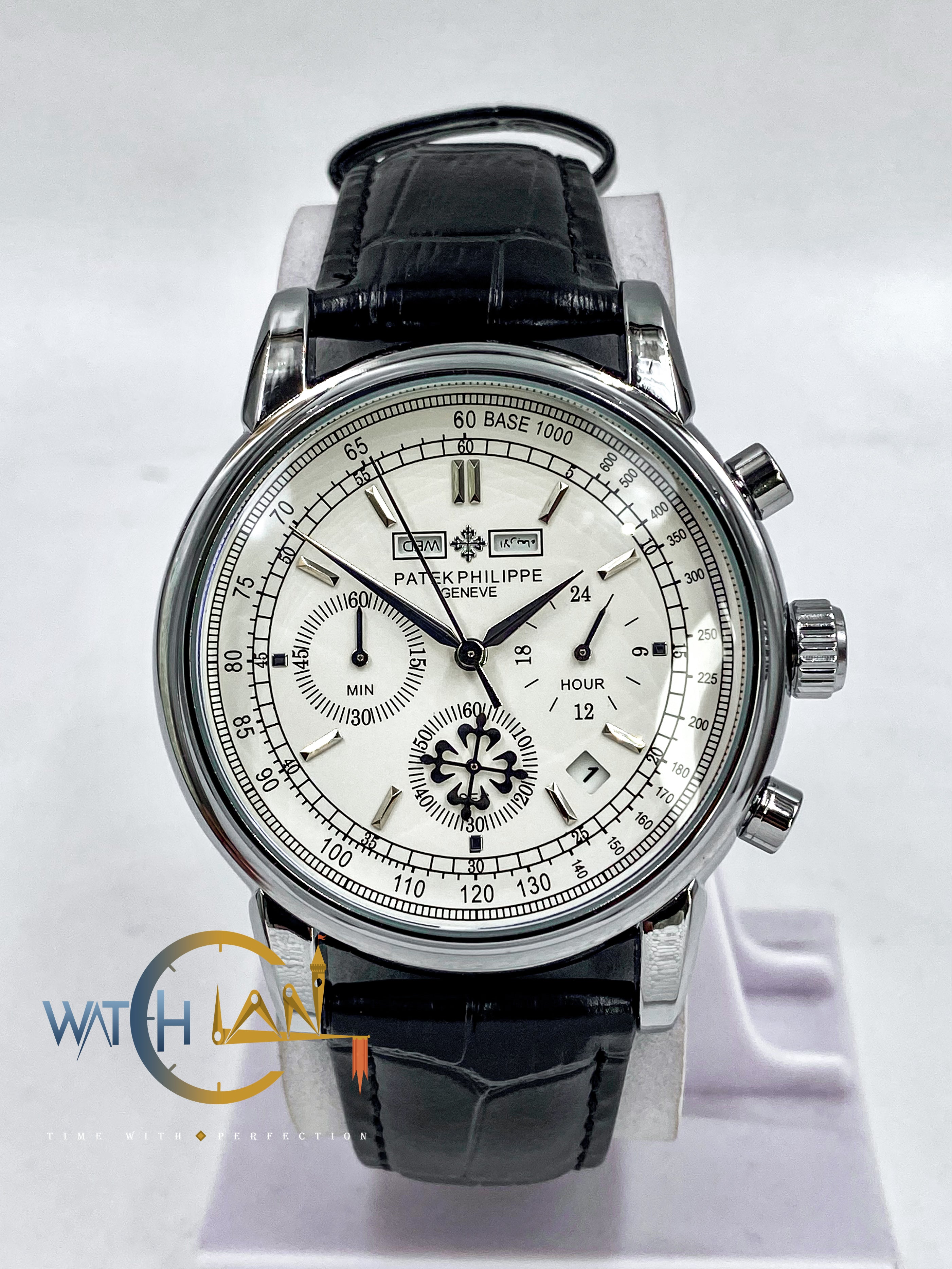 Patek Philippe Moonphase Black Leather Strap Watch – White Dial