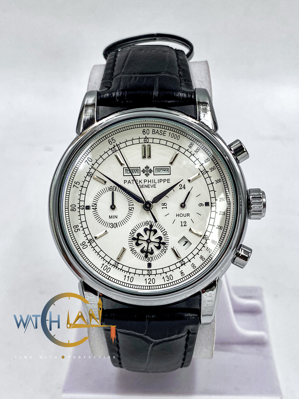 Patek Philippe Moonphase Black Leather Strap Watch – White Dial