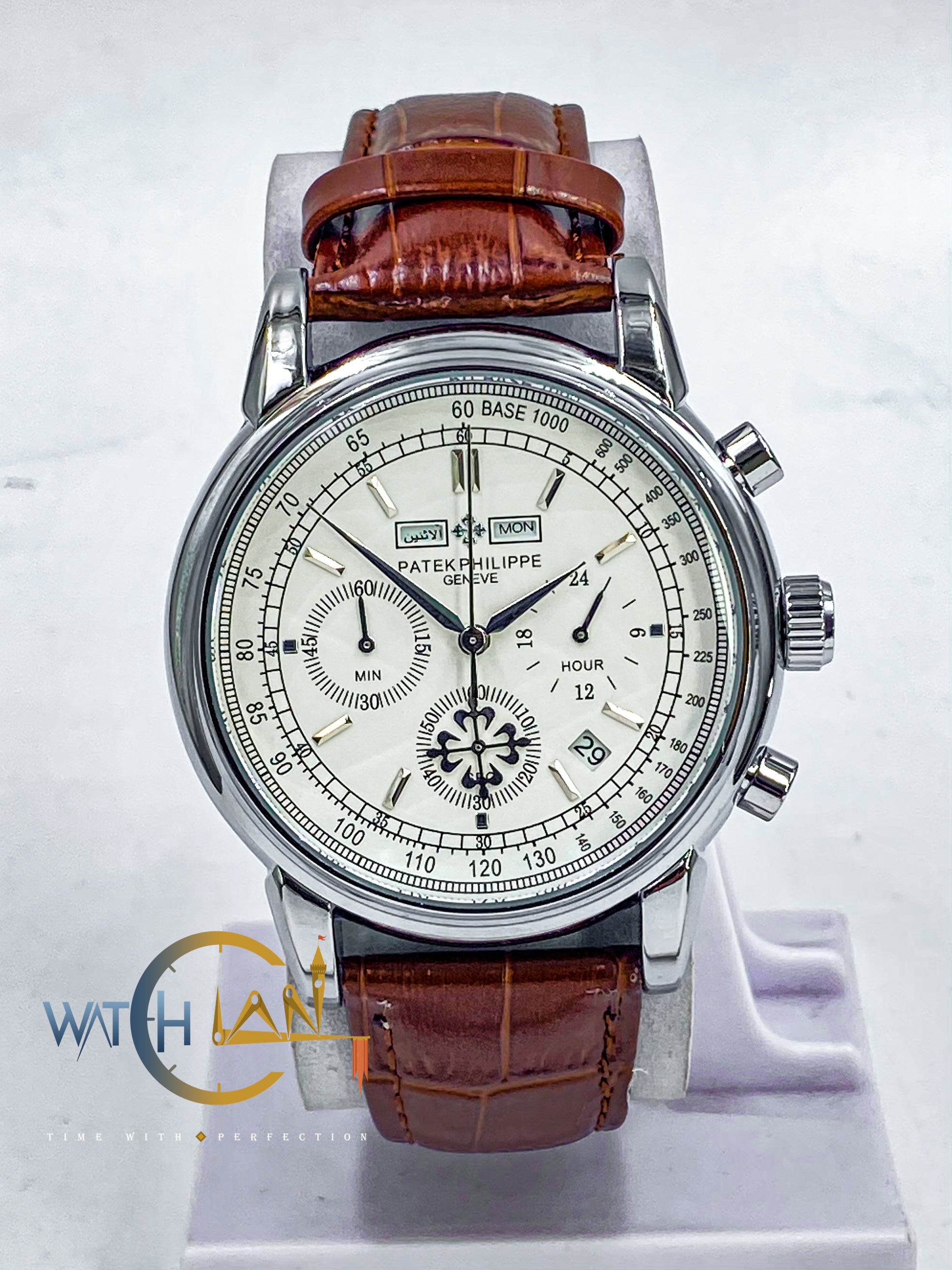 Patek Philippe Moonphase Leather Strap Watch – White Dial
