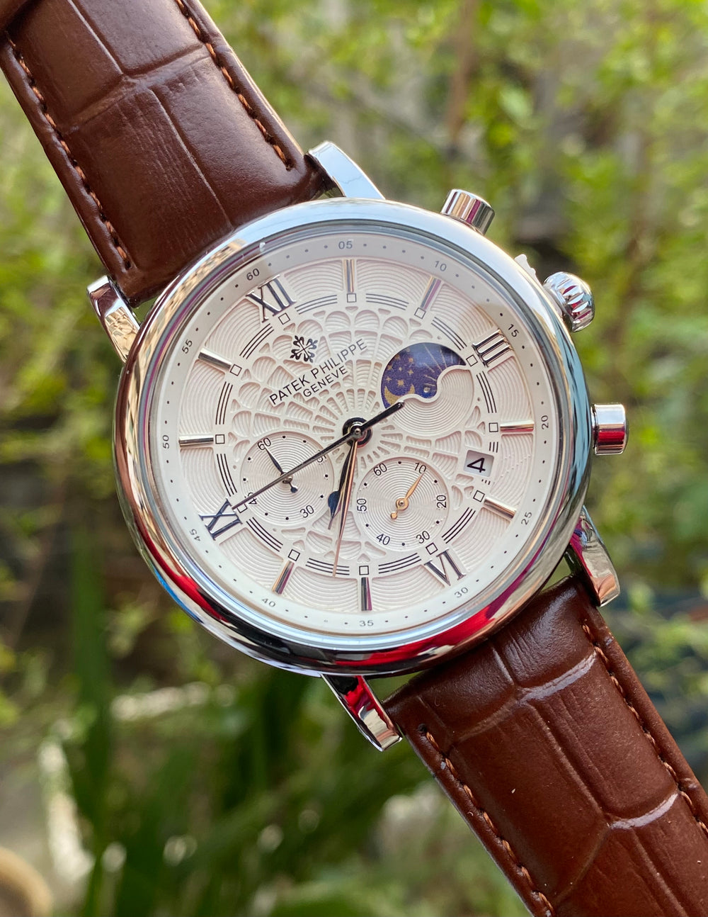 Patek Philippe Moonphase Leather Strap Watch – White Dial