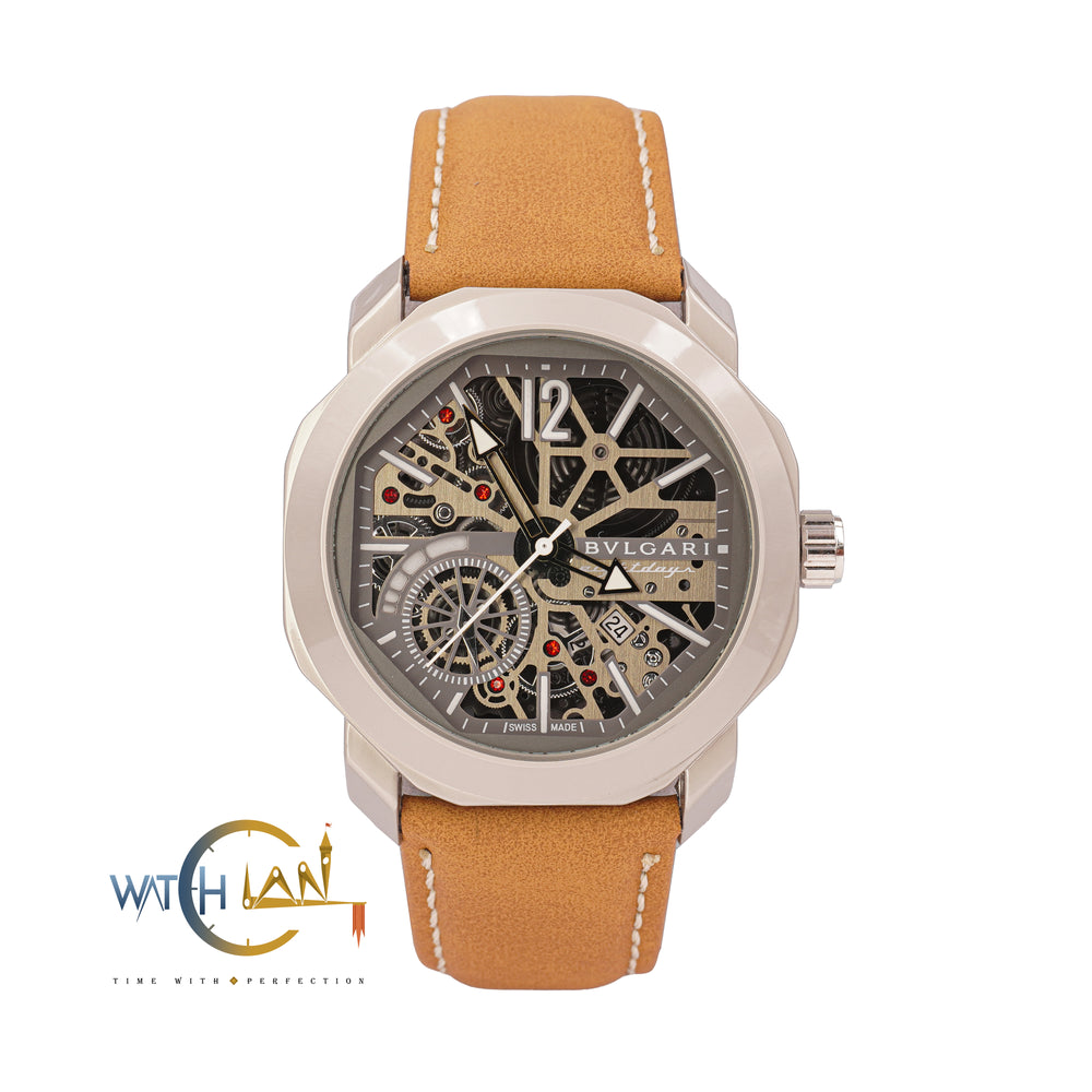 Bulgari Octo Roma Skeleton Mastercopy Watch – Brown Leather Edition